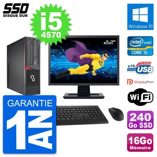 PC de sobremesa Fujitsu E720 E85+ con pantalla de 22 pulgadas, i5-4570, 16GB RAM, SSD de 240GB, Windows 10 y WiFi