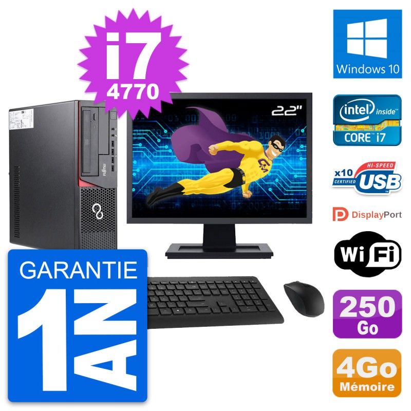 Fujitsu E720 DT 22-inch Screen, Intel i7-4770, 4GB RAM, 250GB Hard Drive, Windows 10, WiFi