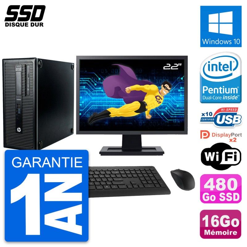 HP ProDesk 600 G1 Desktop PC - 22" Screen, Intel Pentium G3220, 16GB RAM, 480GB SSD, Windows 10, Wi-Fi