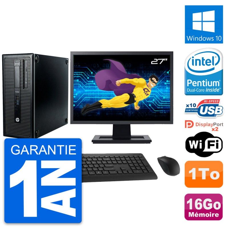 HP ProDesk 600 G1 Desktop PC - 27" Display, Intel Pentium G3220, 16GB RAM, 1TB HDD, Windows 10, WiFi
