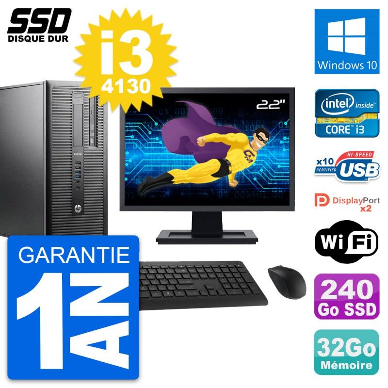 HP ProDesk 600 G1 Desktop PC - 22" Screen, i3-4130, 32GB RAM, 240GB SSD, Windows 10, Wifi