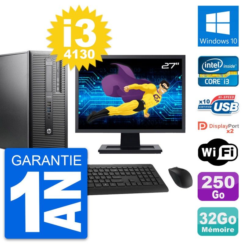 HP ProDesk 600 G1 27" Monitor, Intel i3-4130, 32GB RAM, 250GB HDD, Windows 10, WiFi