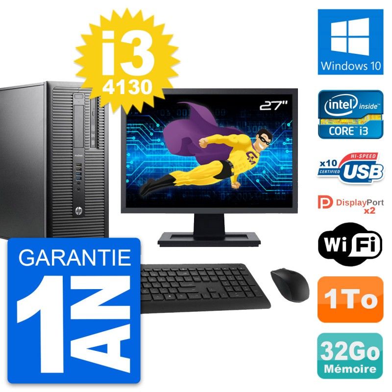 HP ProDesk 600 G1 Desktop PC - 27" Screen, i3-4130, 32GB RAM, 1TB HDD, Windows 10, WiFi
