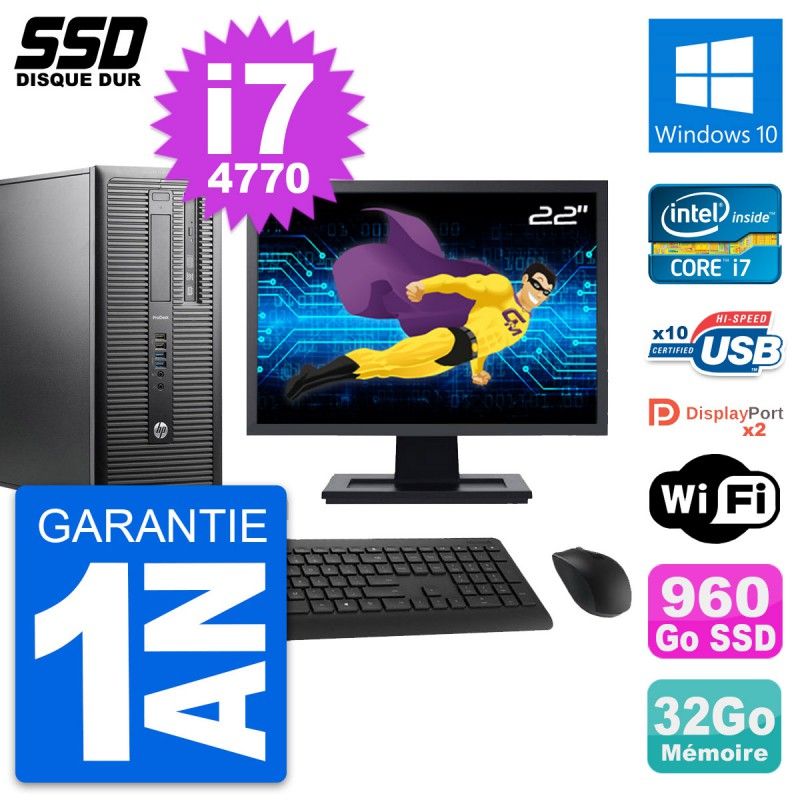 HP ProDesk 600 G1 Desktop Computer - 22" Screen, i7-4770, 32GB RAM, 960GB SSD, Windows 10, Wifi