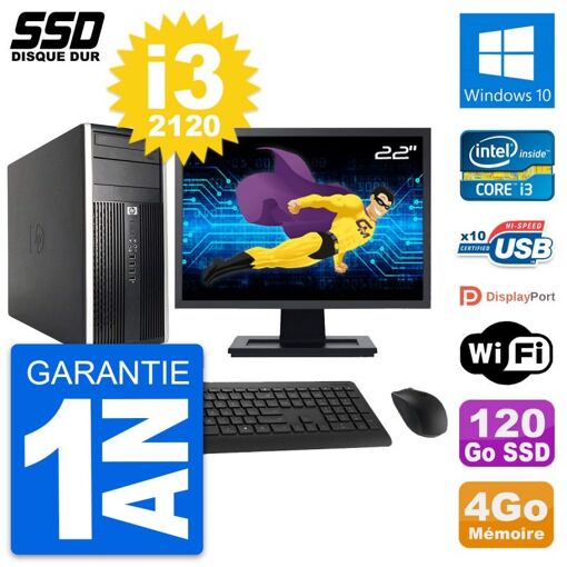 PC de sobremesa HP Compaq Pro 6200 CMT - Pantalla de 22'', Procesador Intel Core i3-2120, 4GB de RAM, SSD de 120GB, Windows 10, WiFi