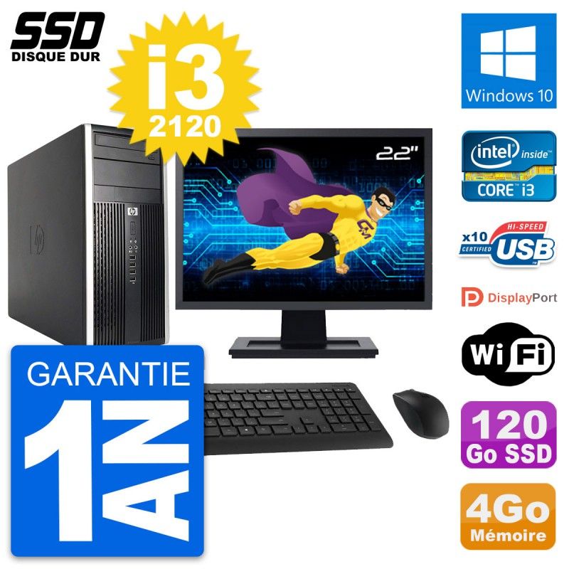 HP Compaq Pro 6200 CMT PC - 22" Screen, Core i3-2120, 4GB RAM, 120GB SSD, Windows 10, WiFi