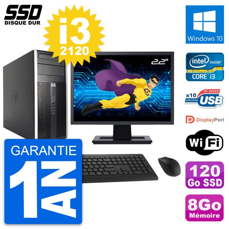 HP Compaq Pro 6200 CMT Computer - 22" Screen, Core i3-2120, 8GB RAM, 120GB SSD, Windows 10, WiFi