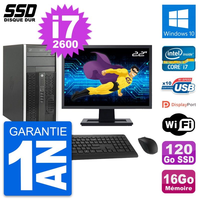 HP Compaq Pro 6200 CMT PC - 22" Screen, Intel i7-2600, 16GB RAM, 120GB SSD, Windows 10, WiFi