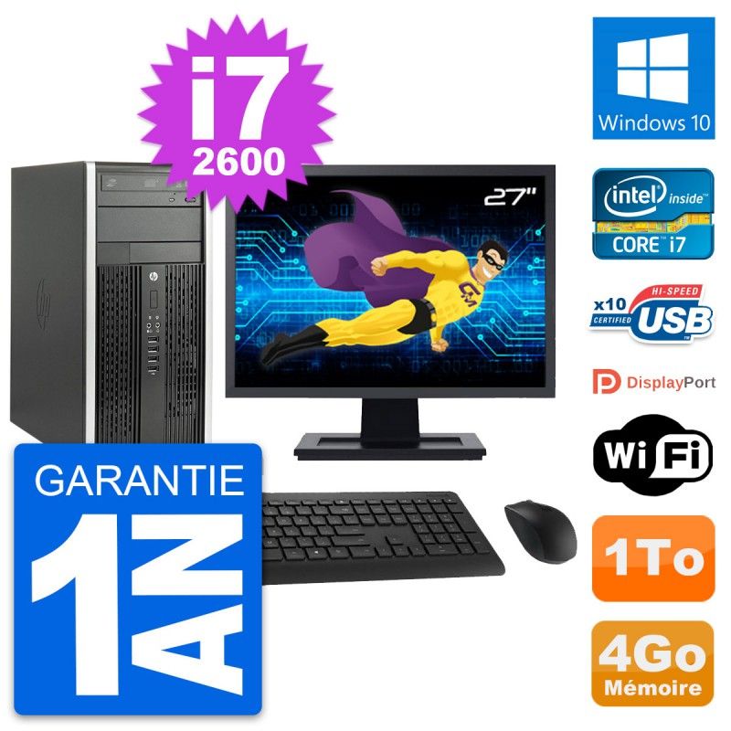 HP Compaq Pro 6200 CMT Desktop PC - 27" Screen, i7-2600, 4GB RAM, 1TB HDD, Windows 10, WiFi