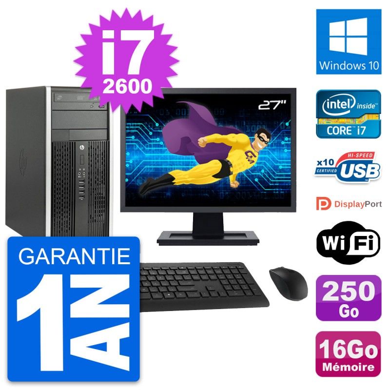 HP Compaq Pro 6200 CMT Desktop Computer, 27" Screen, i7-2600, 16GB RAM, 250GB HDD, Windows 10, Wifi