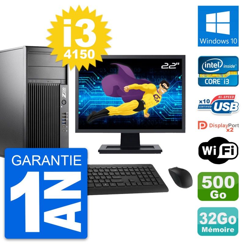 HP Z230 Workstation PC - 22" Screen, Intel i3-4150, 32GB RAM, 500GB HDD, Windows 10, WiFi