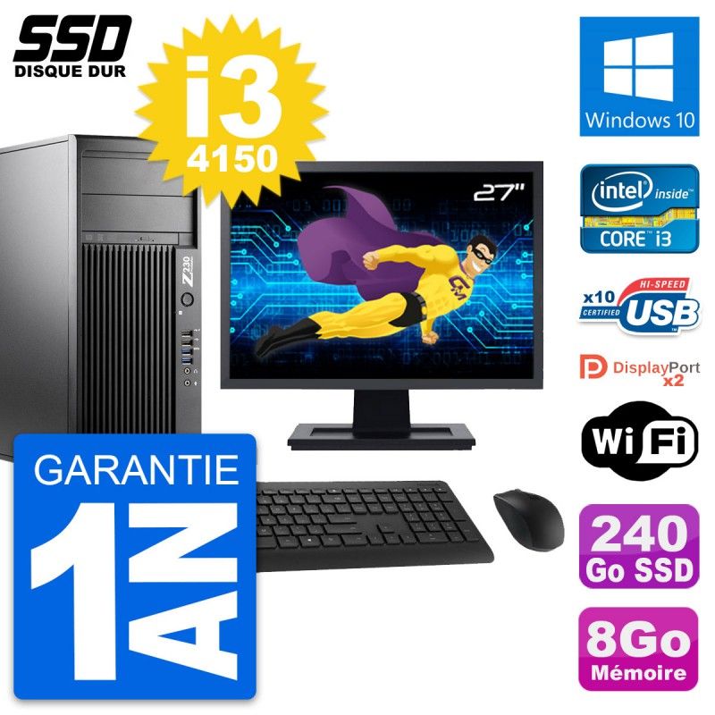 HP Z230 Workstation PC - 27" Screen, Intel Core i3-4150, 8GB RAM, 240GB SSD, Windows 10, WiFi