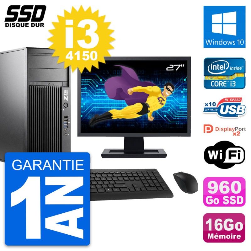 HP Z230 Workstation PC - 27" Screen, Intel Core i3-4150, 16GB RAM, 960GB SSD, Windows 10, WiFi