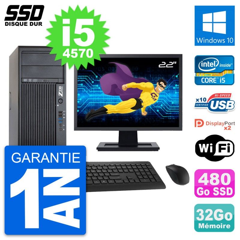 HP Z230 Workstation Computer - 22" Screen, Intel Core i5-4570, 32GB RAM, 480GB SSD, Windows 10