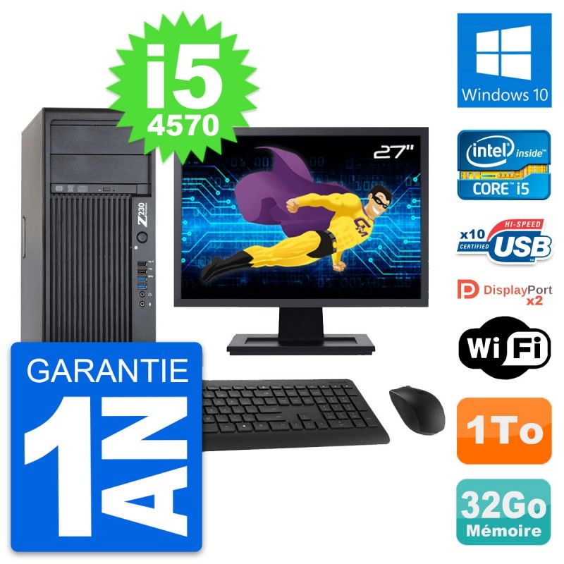 HP Z230 Desktop PC - 27 inch Screen, Intel Core i5-4570, 32GB RAM, 1TB Hard Drive, Windows 10, WiFi