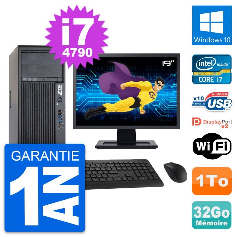HP Z230 Workstation PC - 19" Screen, Intel Core i7-4790, 32GB RAM, 1TB HDD, Windows 10, WiFi