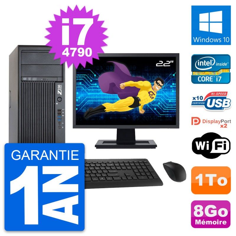 HP Z230 Workstation Computer - 22" Screen, Intel Core i7-4790, 8GB RAM, 1TB HDD, Windows 10, WiFi