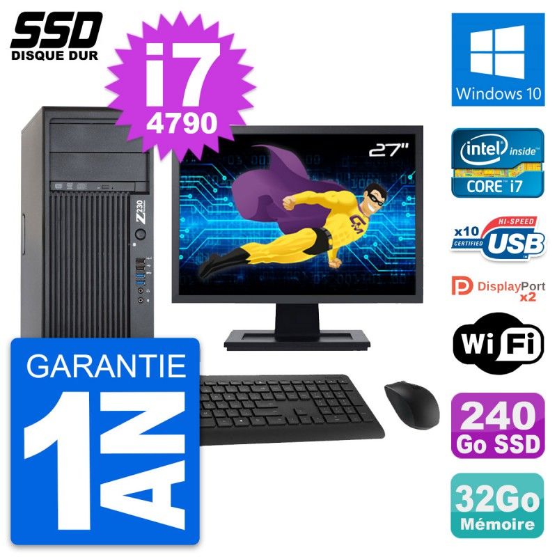 HP Z230 Tower PC - 27" Screen, Intel Core i7-4790, 32GB RAM, 240GB SSD, Windows 10, WiFi