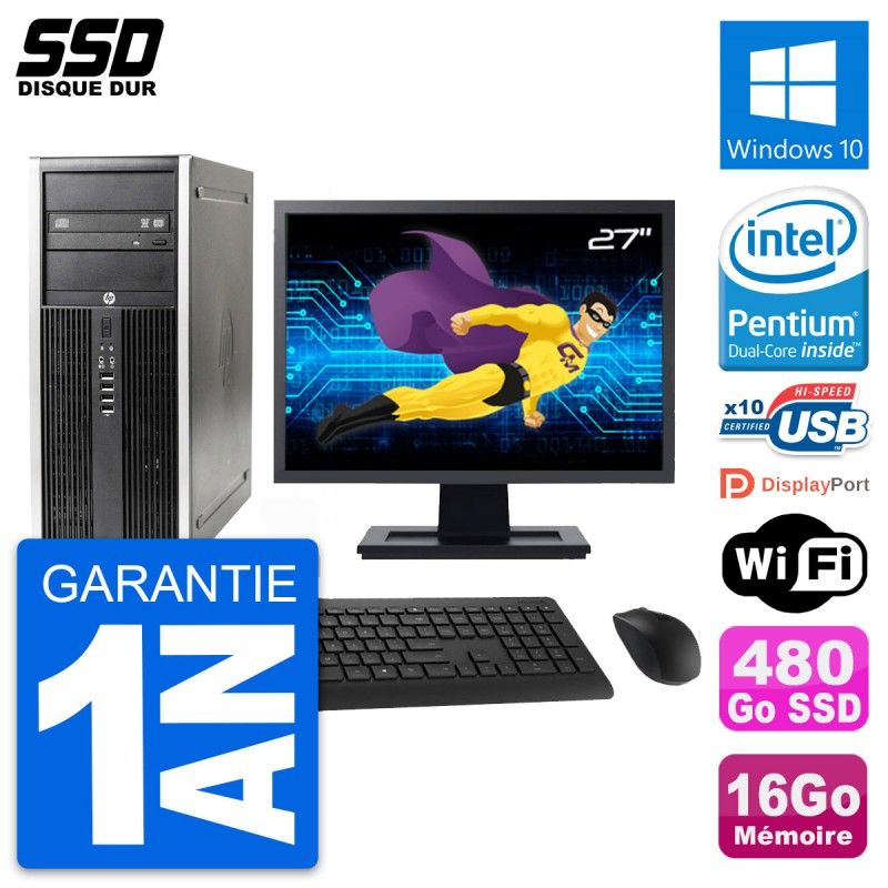 HP Elite 8300 Desktop PC - 27" Screen, Intel G630, 16GB RAM, 480GB SSD, Windows 10, WiFi