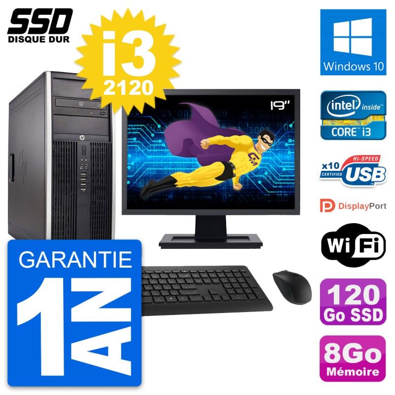 HP Elite 8300 Desktop PC - 19" Screen, Intel i3-2120, 8GB RAM, 120GB SSD, Windows 10, WiFi