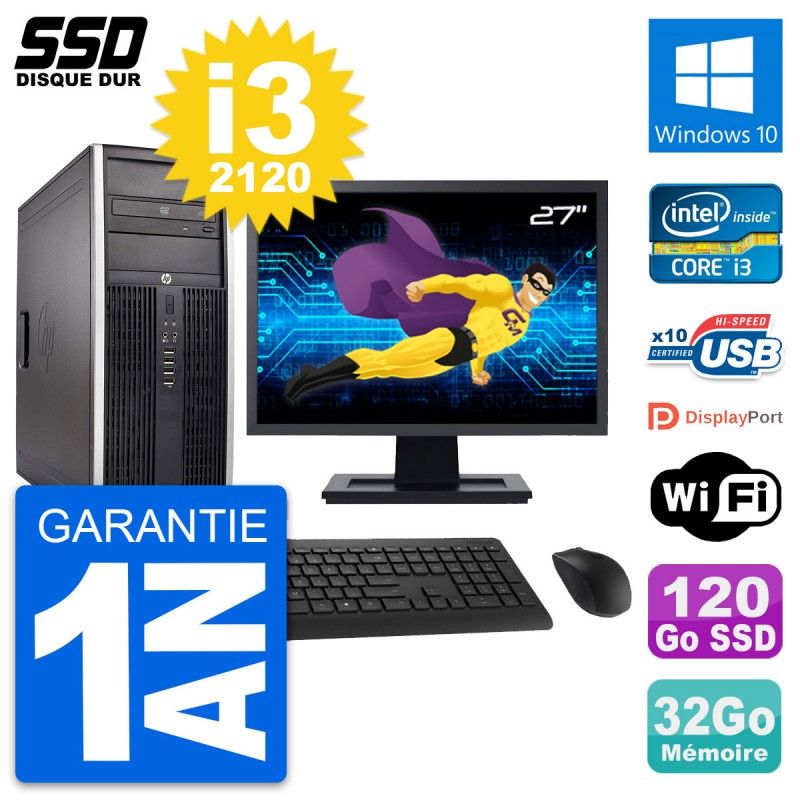 HP Elite 8300 Desktop PC - 27" Screen, Intel i3-2120, 32GB RAM, 120GB SSD, Windows 10, WiFi