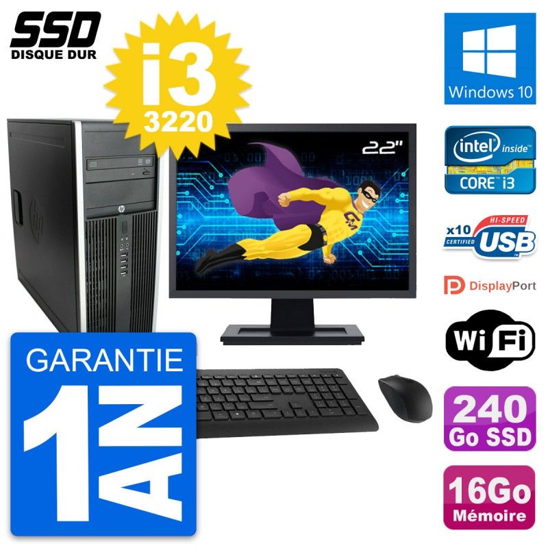HP Elite 8300 Desktop PC - 22" Screen, Intel i3-3220, 16GB RAM, 240GB SSD, Windows 10, WiFi