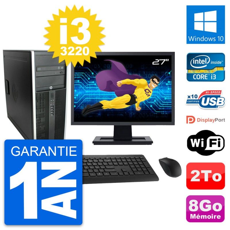 HP Elite 8300 Desktop PC - 27" Display, Intel i3-3220, 8GB RAM, 2TB Hard Drive, Windows 10, WiFi