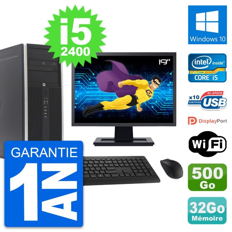HP Compaq Elite 8300 Desktop PC - 19" Screen, Intel i5-2400, 32GB RAM, 500GB Hard Drive, Windows 10, WiFi