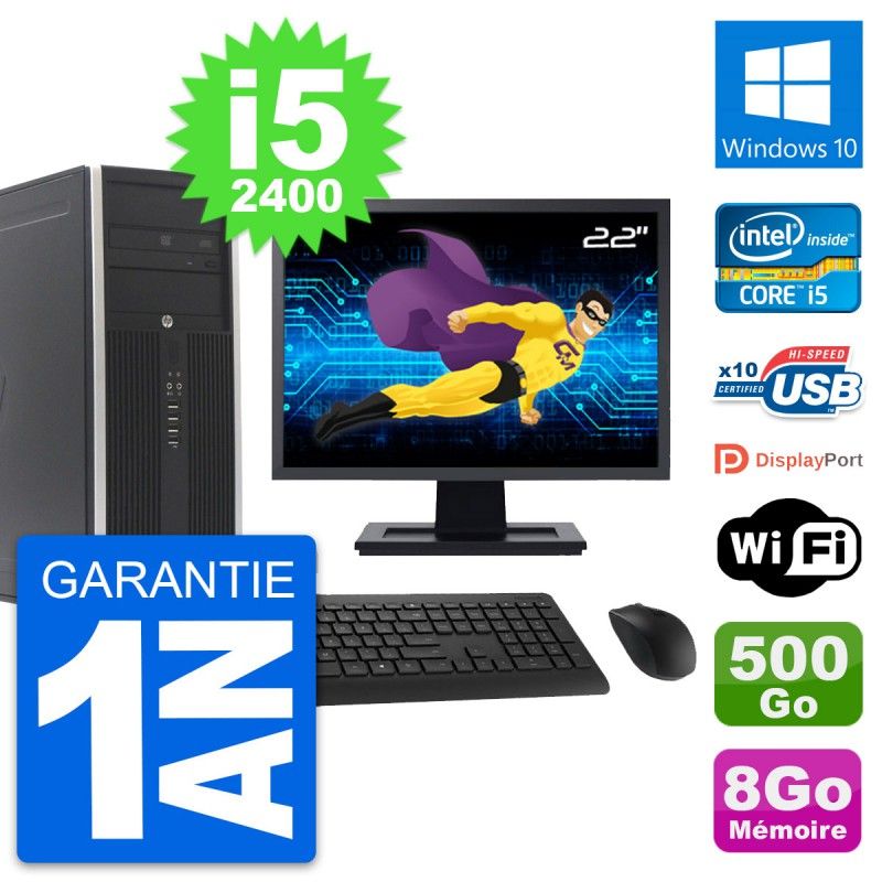 HP Compaq Elite 8300 Desktop PC - 22" Screen, Intel i5-2400, 8GB RAM, 500GB Hard Drive, Windows 10, WiFi