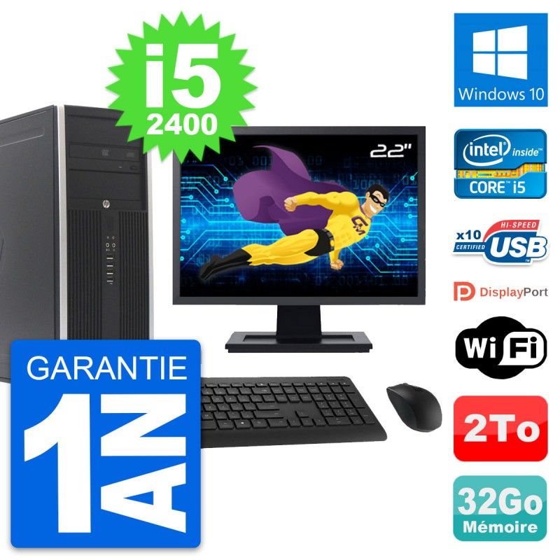 HP Compaq Elite 8300 Desktop PC - 22-inch Screen, Intel i5-2400, 32GB RAM, 2TB Hard Drive, Windows 10, WiFi