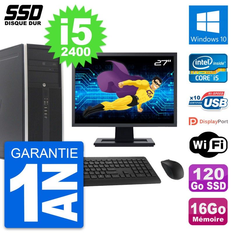 HP Elite 8300 Desktop PC - 27" Screen, Intel i5-2400, 16GB RAM, 120GB SSD, Windows 10, WiFi
