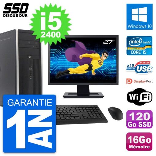 PC de escritorio HP Elite 8300 - Pantalla de 27", Procesador Intel i5-2400, 16 GB de RAM, 120 GB SSD, Windows 10, WiFi