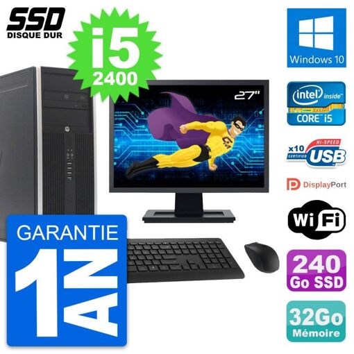 PC de escritorio HP Elite 8300 - Pantalla de 27", Intel i5-2400, 32GB RAM, 240GB SSD, Windows 10, Wifi