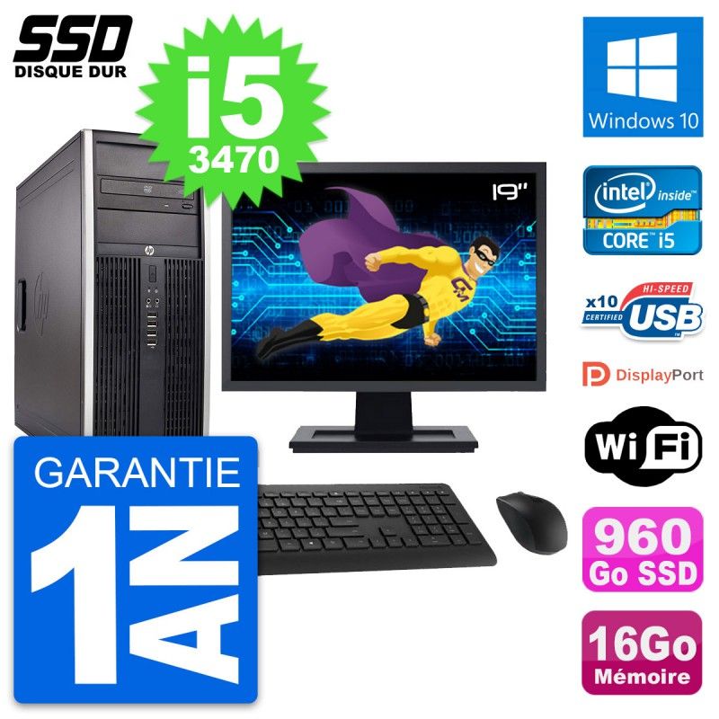 HP Elite 8300 Desktop PC - 19" Screen, Intel i5-3470, 16GB RAM, 960GB SSD, Windows 10, WiFi