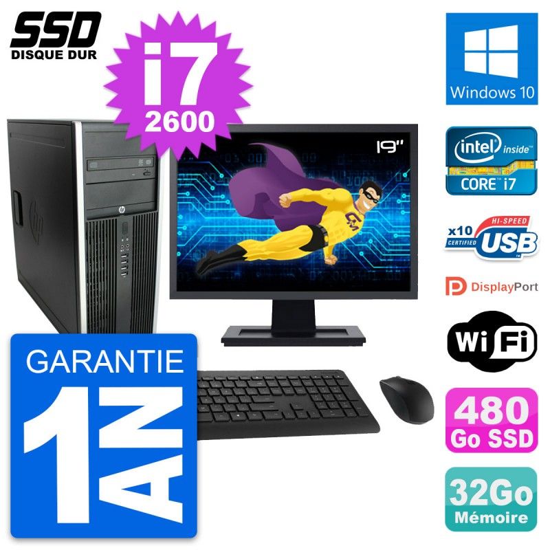 HP Elite 8300 Desktop PC - 19-inch Screen, Intel i7-2600, 32GB RAM, 480GB SSD, Windows 10, WiFi
