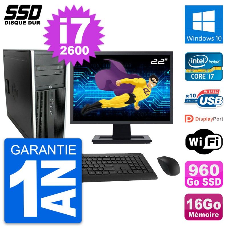 HP Elite 8300 Desktop Computer, 22" Screen, Intel i7-2600, 16GB RAM, 960GB SSD, Windows 10, WiFi
