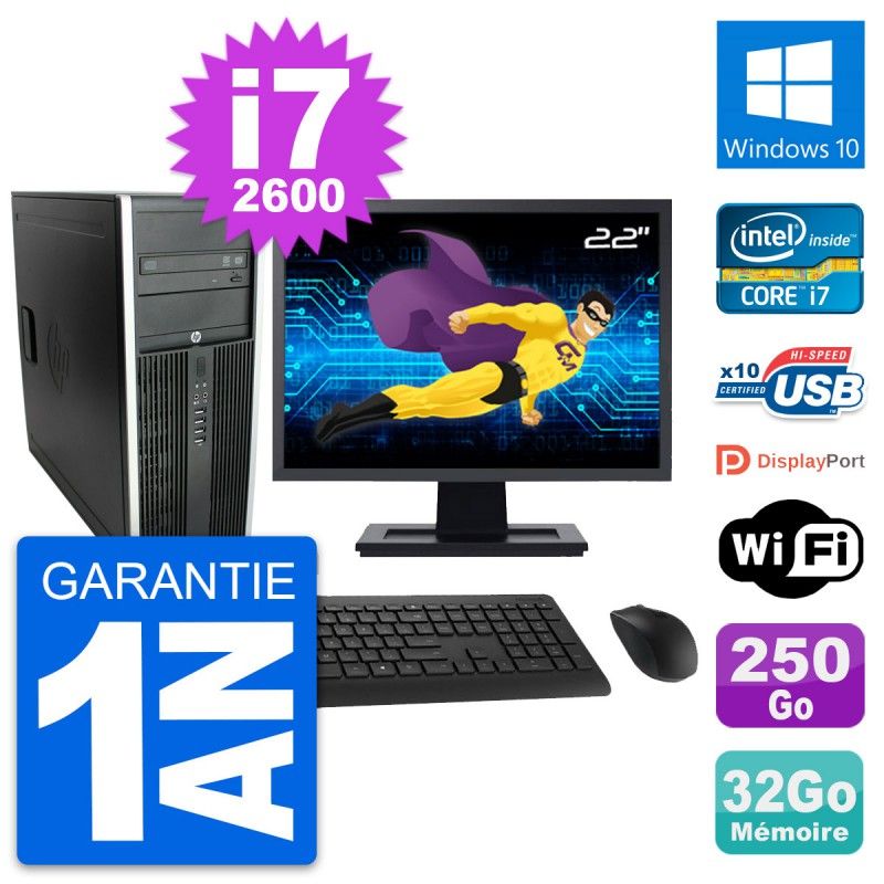 HP Compaq Elite 8300 Desktop PC - 22" Screen, Intel i7-2600, 32GB RAM, 250GB HDD, Windows 10, WiFi