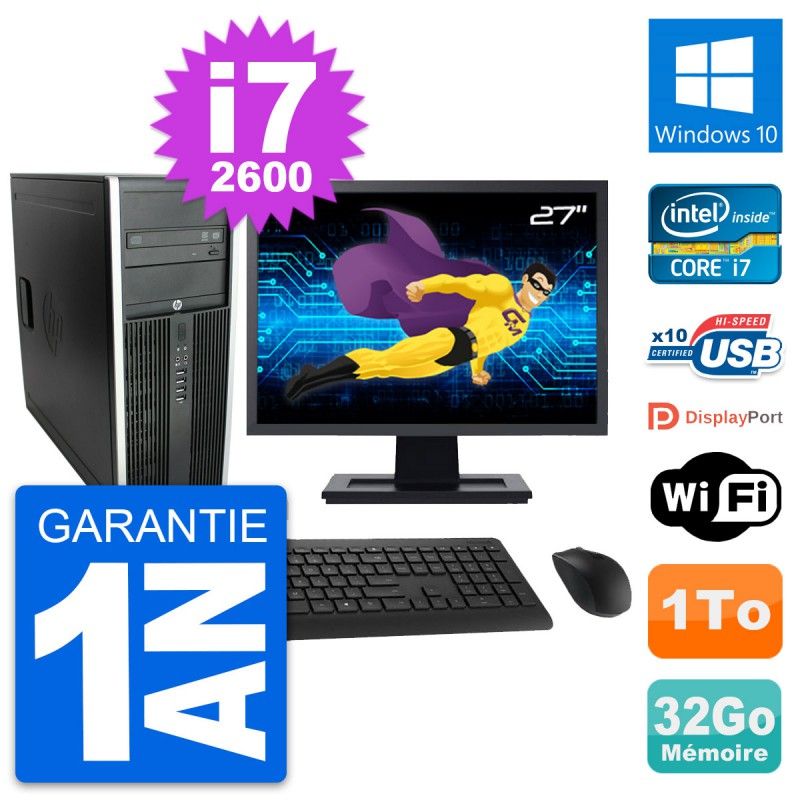 HP Compaq Elite 8300 Desktop PC - 27" Screen, Intel i7-2600, 32GB RAM, 1TB Hard Drive, Windows 10, WiFi