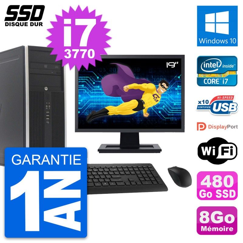 HP Elite 8300 Desktop PC - 19" Screen, Intel i7-3770, 8GB RAM, 480GB SSD, Windows 10, WiFi