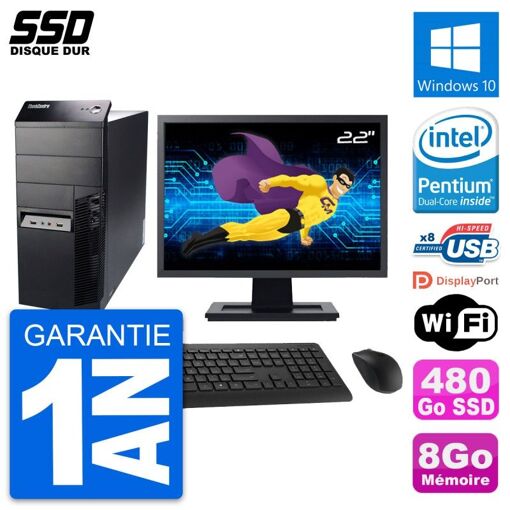 Lenovo M91p Mid Tower PC - 22" Screen, Intel G630, 8GB RAM, 480GB SSD, Windows 10, WiFi