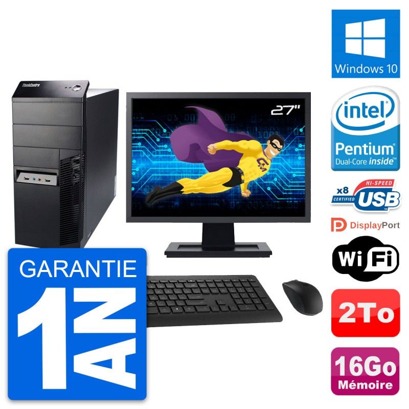Lenovo M91p Desktop PC - 27" Screen, Intel G630, 16GB RAM, 2TB Hard Drive, Windows 10, WiFi
