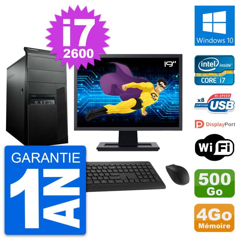 Lenovo M91p Mid Tower PC - 19" Screen, Intel i7-2600, 4GB RAM, 500GB HDD, Windows 10, WiFi