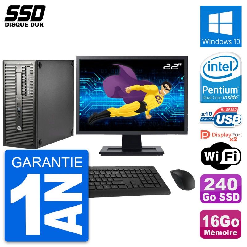 HP EliteDesk 800 G1 Desktop PC - 22" Screen, Intel Pentium G3220, 16GB RAM, 240GB SSD, Windows 10, WiFi