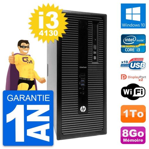 Ordinateur de bureau HP EliteDesk 800 G1 - Processeur Intel i3-4130, 8 Go de RAM, 1 To de disque dur, Windows 10, WiFi