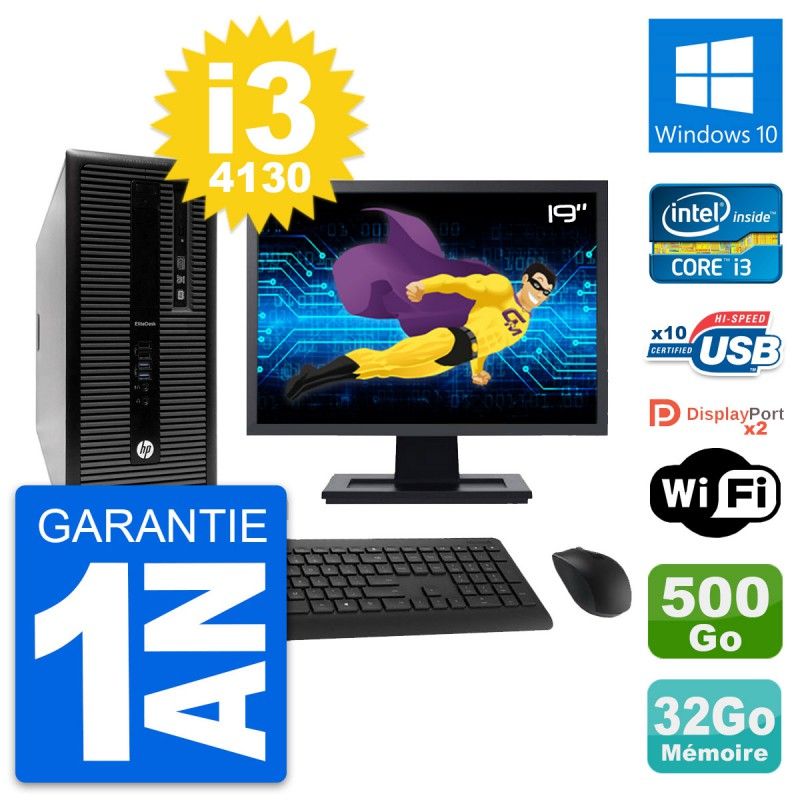 HP EliteDesk 800 G1 Desktop PC - 19" Screen, Intel i3-4130, 32GB RAM, 500GB Hard Drive, Windows 10