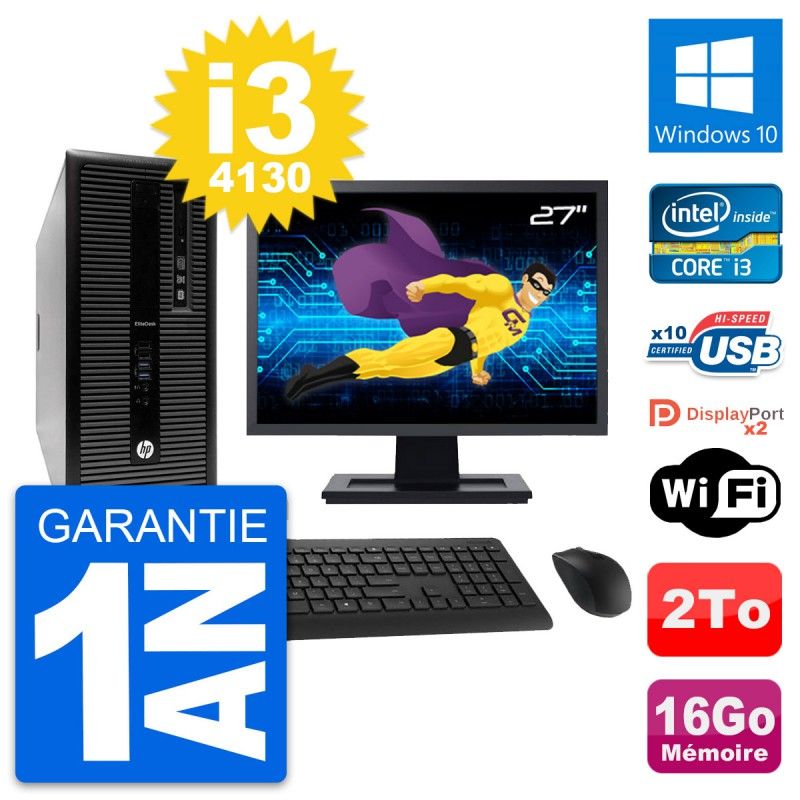 HP EliteDesk 800 G1 Desktop PC - 27" Screen, Intel i3-4130, 16GB RAM, 2TB HDD, Windows 10