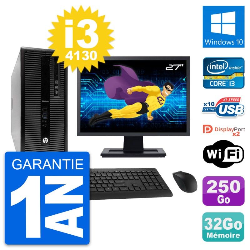 HP EliteDesk 800 G1 Desktop Computer - 27" Screen, Intel i3-4130, 32GB RAM, 250GB SSD, Windows 10, WiFi