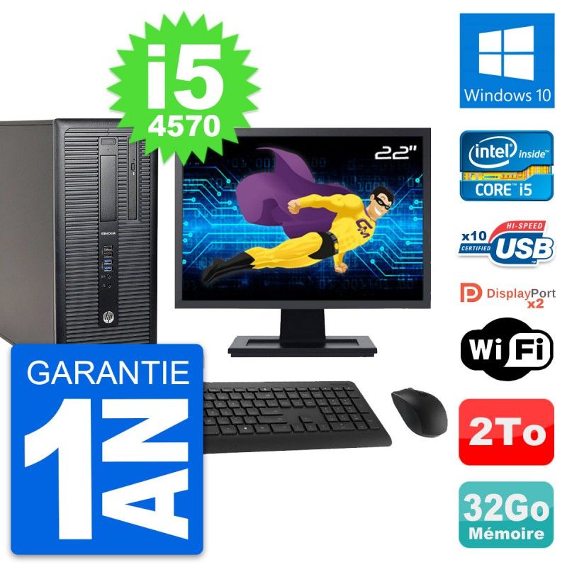 HP EliteDesk 800 G1 Desktop PC - 22" Screen, Intel i5-4570, 32GB RAM, 2TB Hard Drive, Windows 10