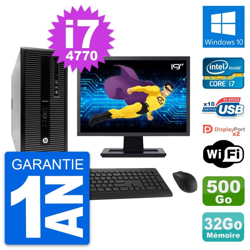 HP EliteDesk 800 G1 Desktop Computer, 19" Screen, Intel i7-4770, 32GB RAM, 500GB HDD, Windows 10, WiFi