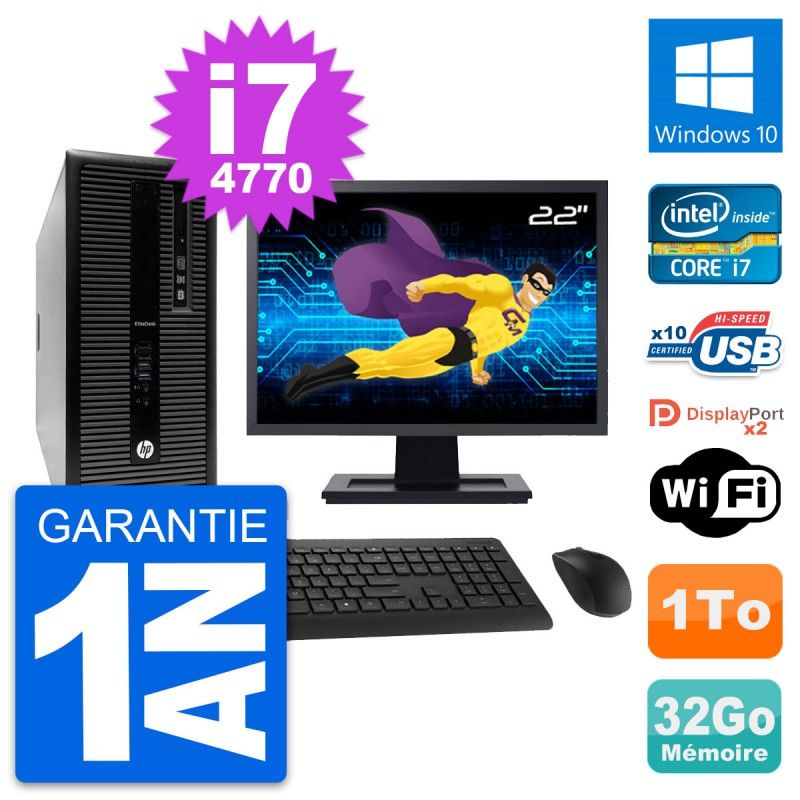HP EliteDesk 800 G1 Desktop PC - 22" Screen, Intel i7-4770, 32GB RAM, 1TB HDD, Windows 10